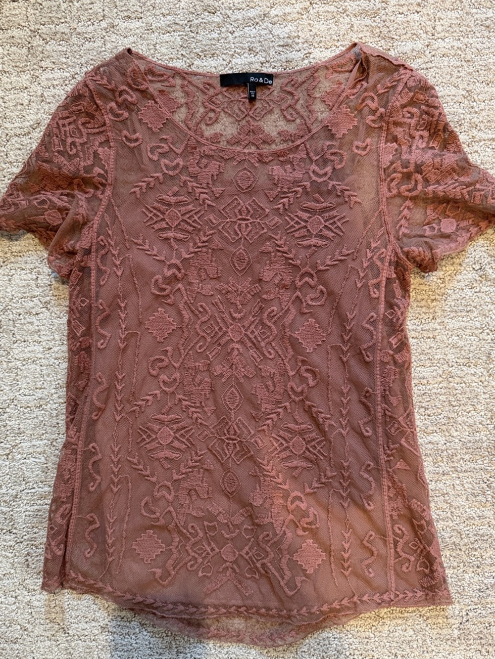 Ro & De Mauve Dusty Rose Embroidered Sheer Short Sleeve Top XS